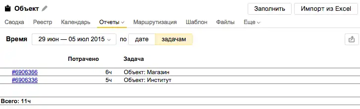 Детализация времени по задачам