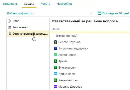 Фильтруем отчеты сводки по конкретному сотруднику