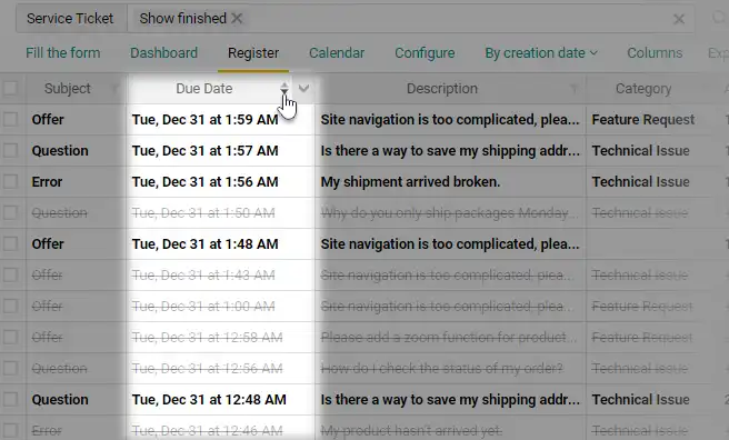 Sorting register in Pyrus